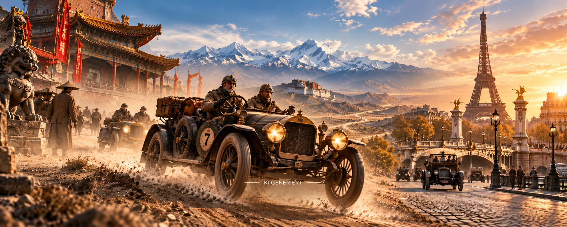 Zwei Männer in Retro-Rennbekleidung fahren mit einem Oldtimer über einen Feldweg, der von einem Tempelkomplex zu einer Pariser Straße führt, auf der der Eiffelturm und schneebedeckte Berge zu sehen sind.